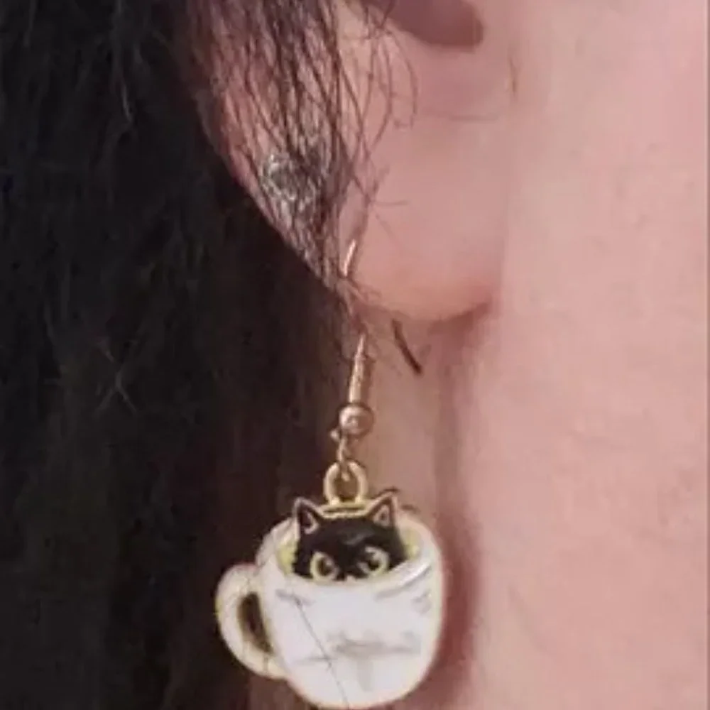 Cat Coffee Cup Dangle Earrings White Black 1.57 Inch Drop Pierced Ears New
